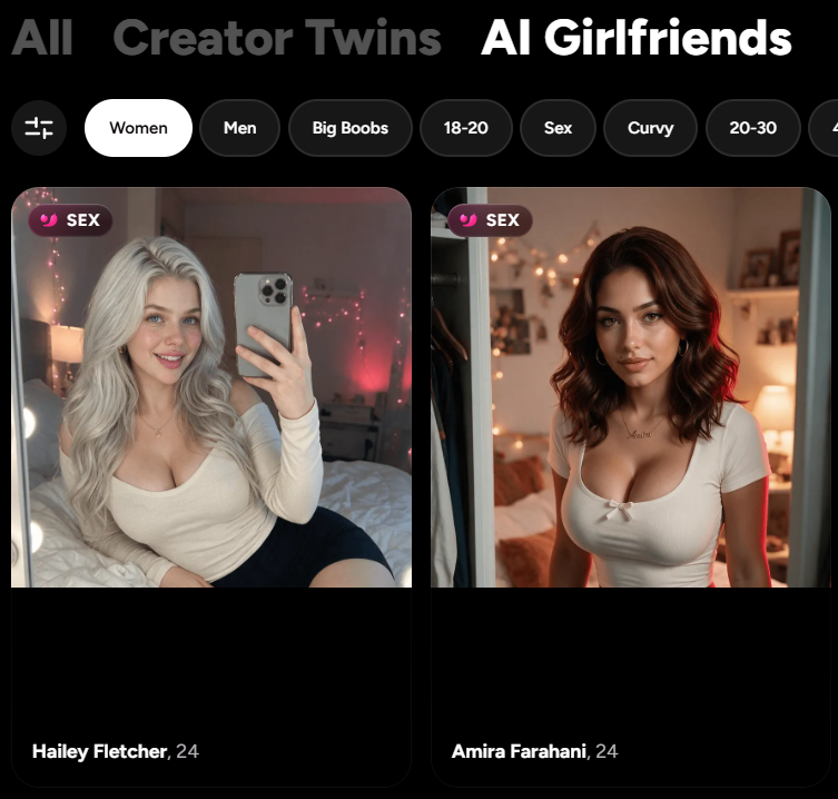 Browse the AI girlfriend catalogue — actual OhChat public interface.