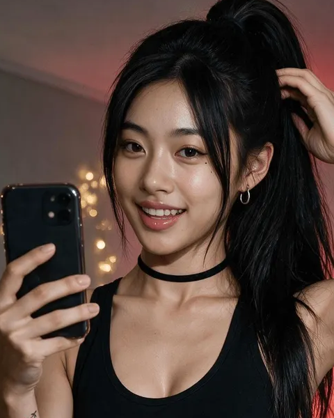 Nari Nakamura wears a black top and choker, with a high ponytail and small hoop earrings. Source: OhChat.