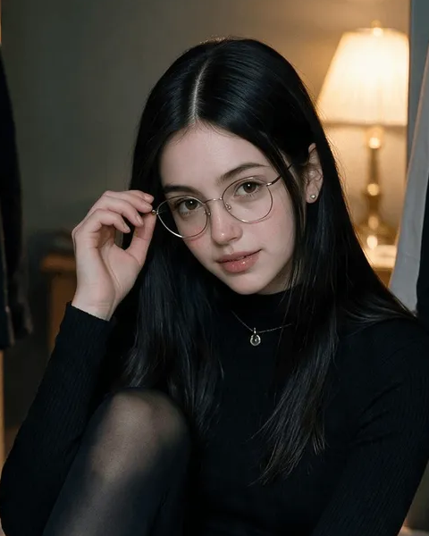 Piper Ellis wears round glasses and a black high-neck top, with straight dark hair and a lamp behind her. Source: OhChat.