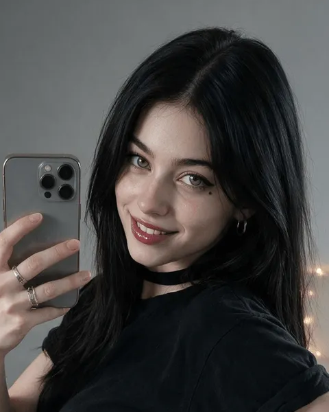 Aubrey Vaughn wears a black top and choker, with dark hair and a phone beside her face. Source: OhChat.